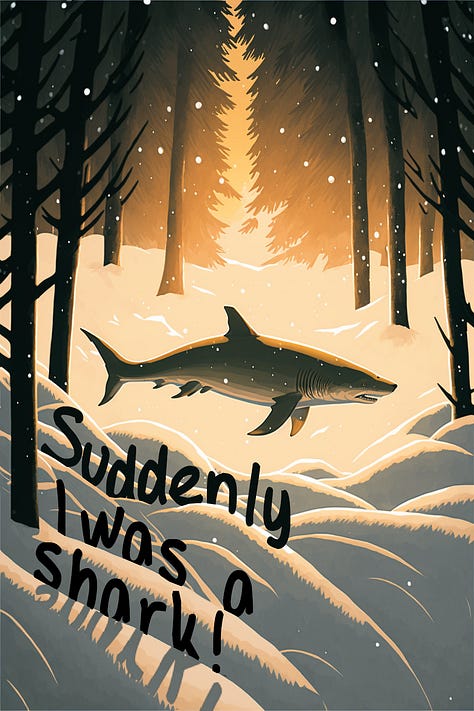 Inspiring MidJourney prompts for the book cover of Suddenly I was a Shark!: My Time with What Remains of Edith Finch