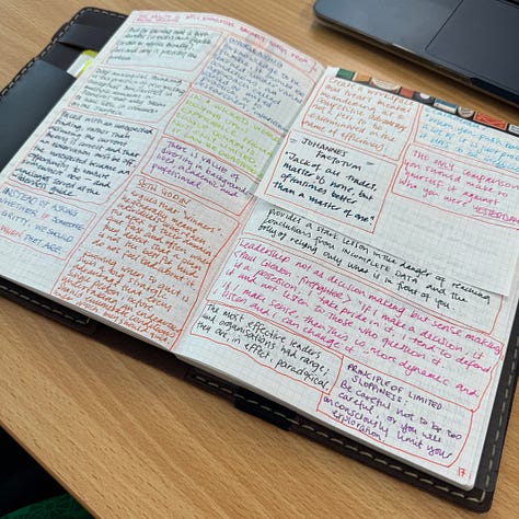 Brown leather notebook cover and page spreads