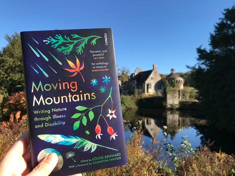 eight images of Moving Mountains book in different spots around the gardens, with shadows cast across the cover and autumnal colours of trees and bracken and mosses.