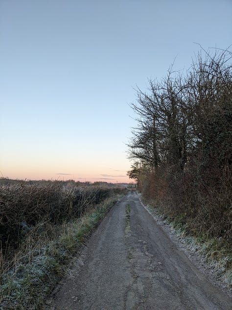 A series of images of the Somerset countryside in the winter. From top left: fields in the frost with a sunrise on the horizon, a country lane with a tree at the bottom and fields in the distance and a sunrise sky, a river bordered by trees and frosty fields, Libby Page smiling at the camera while out on a walk wearing a bobble hat, colourful scarf and a red coat, a country lane stretching into the distance, a field of grazing sheep and frosty grass.