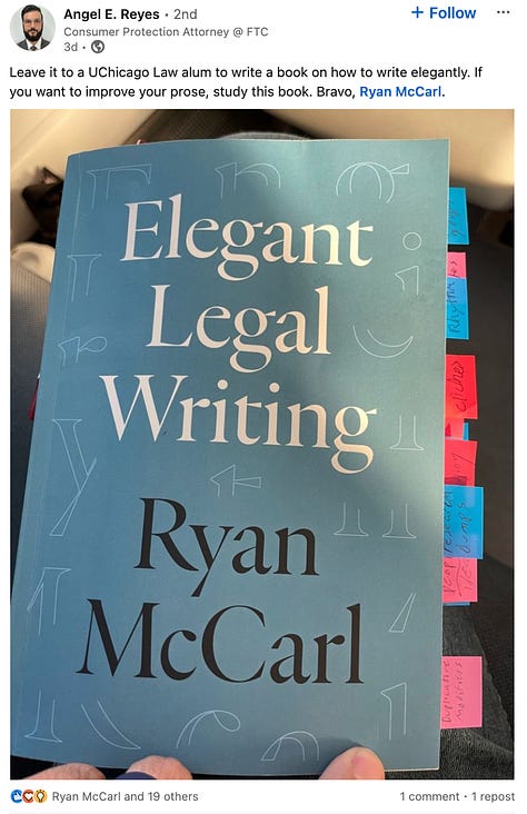 Social media posts and reviews of Ryan McCarl's Elegant Legal Writing