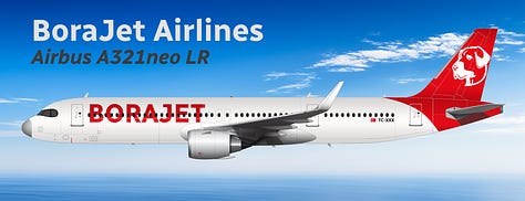 The current BoraJet fleet: 1) Airbus A321LR, 2) Airbus A320neo, 3) Aria T102 Transonic, 4) Airbus A321-200, 5) Airbus A320-200.