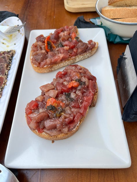 Tuna toast and cuttlefish croquettes, Tarifa, Spain.