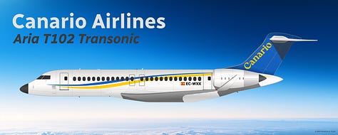 The current Canario Airlines fleet: 1) Aria T102 Transonic; 2) Aria V42 VTOL; 3) Aria V42qc Quick Change Combi VTOL; 4) ATR 42-300; and 5) Embraer E195.