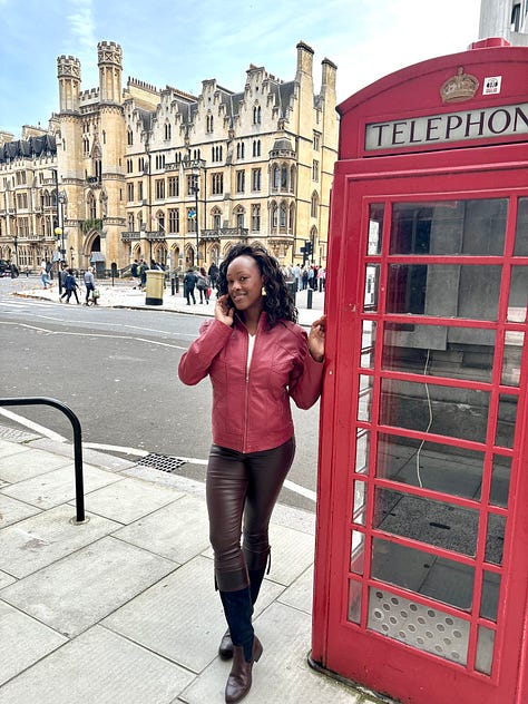 The images show the author, Bernette, at Buckingham Palace, with Big Ben in background, next to a red phone booth, and holding a cup of tea while seated. Photos are taken in London, England.