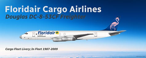 A selection of historic Floridair passenger aircraft: 1) Douglas DC-8-53CF; 2) Douglas DC-8-73CF; 3) Boeing 707-320CF; 4) Boeing 727-200CF; 5) Boeing 757-200BCF; and 6) Boeing 767-300BCF - all shown in side view.