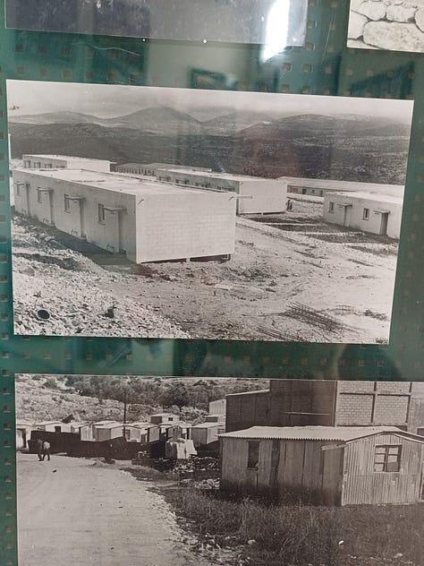 Left bottom, tin shack housing; above it, cement block housing. Middle view before trees were planted; Right, same view today with lush greenery