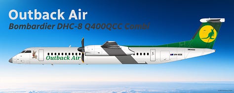 The current Outback Air fleet: 1) Aria V42qc Quick Change Combi, 2) Bombardier DHC-8 Q400QCC Combi, 3) Bombardier DHC-8 Q200, 4) Cessna 208B Grand Caravan, 5) Daher Kodiak 900, and 6) de Havilland Canada DHC-6-300 Twin Otter - all shown in side view.