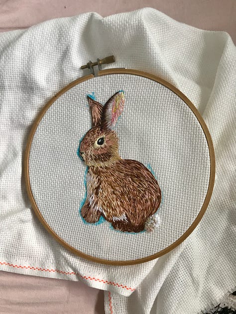 6 photos of embroidery pieces done by me ranging from realistic to stylised animals, phrases, food, anatomy and mushroom.