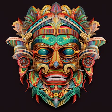 ornate and colorful Mayan mask Stylize: 0 | 300 | 1000 with Midjourney V5.1
