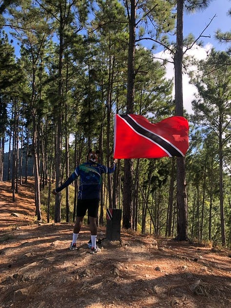 Leevan under a natural waterfall; with the Trinidad and Tobago flag; with his hiking group at the start of a hike and at the summit of a mountain; Leevan on a hospital bed, hospitalised with aplastic anaemia.