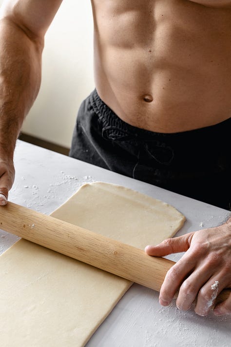 Sequence of photos showing shirtless man making vegan puff pastry dough