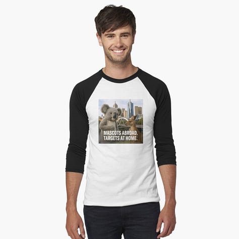 Product images showcasing the picture of two of Australia's iconic animals, the koala and kangaroo captioned 'Mascots Abroad. Targets at Home.'
