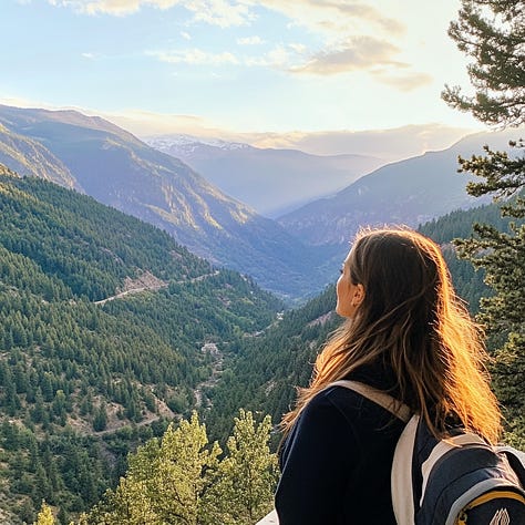 photo of a woman, mountains and trees in the distance --no background blur, bokeh