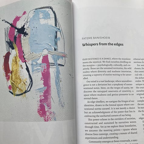 The images show pages from the print edition of Unpsychology Magazine's 10th issue, EDGES. They include the front and back cover and various illustrated pages from the publication