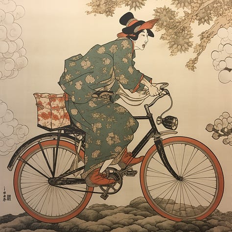 Mansion, bicycle, river ukiyo-e art by Midjourney