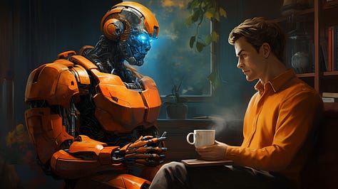 A robot casually chats with a human being