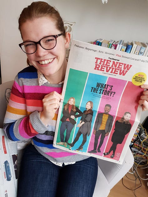 A gallery of photos of Libby promoting her first novel, The Lido, including photos of her holding her book, a newspaper review and pointing at her book in bookshops.