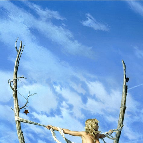 LEFT: Close detail from THE END OF NATURE V featuring the gnarled branches of a dead tree. Most of the bark has peeled off exposing the dry, bleached wood underneath. Set against blue sky a butterfly spreads its wings in profile hovering just above the branch. CENTER: Detail from THE END OF NATURE V of a woman wearing only a few small pieces of jewelry framed by the V-shaped limbs of a dead tree. A small owl skull hands on a necklace around her neck. A gold beaded chain wraps one calm and another anklet can barely be seen on her back foot as she leans all of her weight forward. Her arms are stretched wide as she grips white silk sashes wrapped around the dry, bleached branches where they extend outward in a V. RIGHT: Close detail from THE END OF NATURE V featuring the top of the panel where a woman with tousled blonde hair is set against blue sky and thin cloud cover. Her arms are stretched wide as she grips white silk sashes wrapped around the dead and bleached branches where they part wide in a V. Circles of gold are patterned on the cloth. A small owl skull hangs on a necklace that rests on her bare chest. A rusted metal star blown by the breeze is tangled on a long ribbon caught in the smaller branches above the sash on her left.