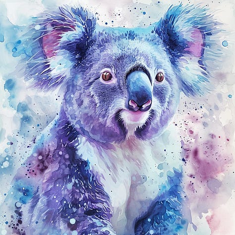 Abstract expressionist koala, watercolor blue koala, ukiyo-e koala