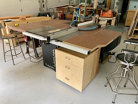 Photos of a woodworking shop showing a miter station and table saws.