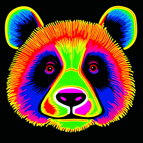 Different looks of "blacklight panda" by using different tuned styles in Midjourney