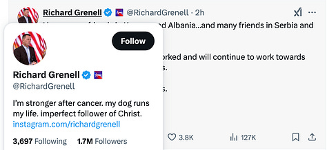 Former U.S. diplomat Richard Grenell criticizes Kosovo's Prime Minister Albin Kurti in a recent social media post, accusing his government of undermining regional stability and hindering U.S. investment in Kosovo. Grenell, who played a key role in Balkan diplomacy during the Trump administration, claims both Republican and Democratic leaders, along with the EU and NATO, share concerns over Kurti's unilateral actions. In the image, Grenell is seen receiving the “Order of the Serbian Flag” from Serbian President Aleksandar Vucic, whom he refers to as "my friend." Vucic, a former key figure in Slobodan Milosevic’s administration known for justifying crimes and war crimes against humanity, awarded Grenell just 31 days after Vucic-backed paramilitary forces led by Milan Radoicic attempted to annex northern Kosovo in September 2023, an operation that resulted in the death of a Kosovar policeman.