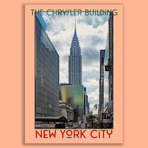 A selection of posters of Art Deco skyscrapers on colourful backgrounds. Empire State Building, The Chanin, The Chrysler, General Electric Building and Atlas, Rockefeller Plaza