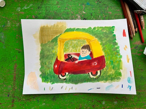 gouache illustrations of young boys with cats, bags of chips and riding in a red car