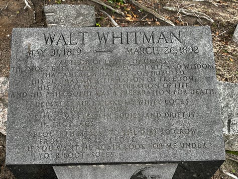 Images of Walt Whitman's final resting place: tomb, trees, plaque.