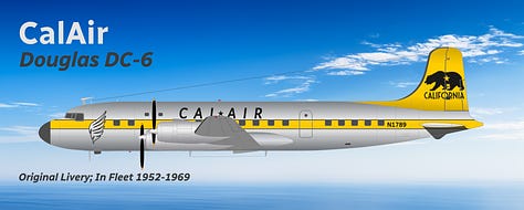 A selection of former CalJet aircraft in pre-current liveries, including 1) Douglas DC-3), 2) Douglas DC-6, 3) Lockheed L-1049 Super Constellation, 4) Boeing 707-320B, Boeing 727-200 Advanced, Douglas DC-9-30, Boeing 757-200, Fokker 70, and Fokker 100 - all shown in side view.