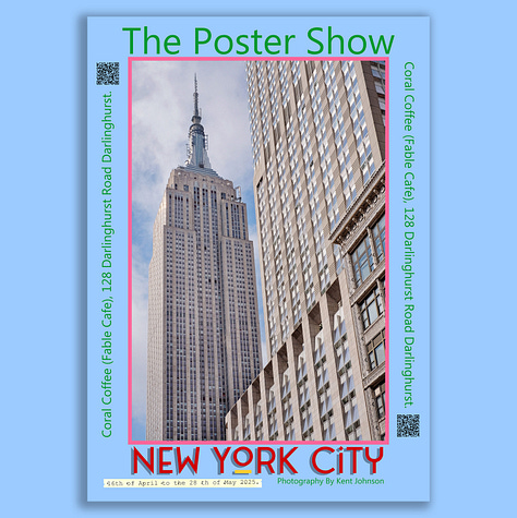 A selection of posters of Art Deco skyscrapers on colourful backgrounds. Empire State Building, The Chanin, The Chrysler, General Electric Building and Atlas, Rockefeller Plaza
