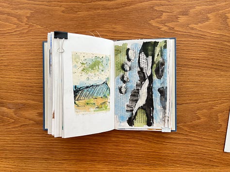 Mixed media sketchbook pages with abstract paintings