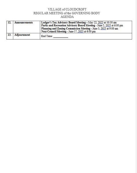 Cloudcroft Council Meeting Agenda