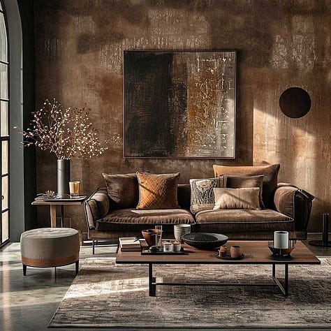 living rooms combined with varying rich brown tones, copper, gold and brass