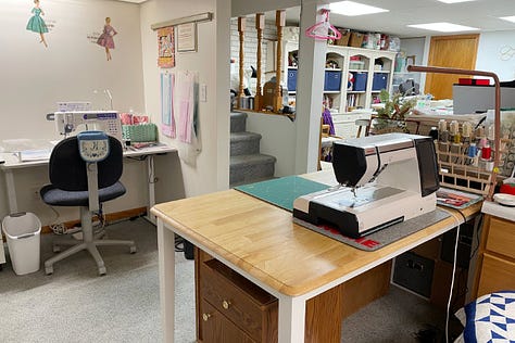 Photos (left to right) provide a 360° view around my sewing and art studio.