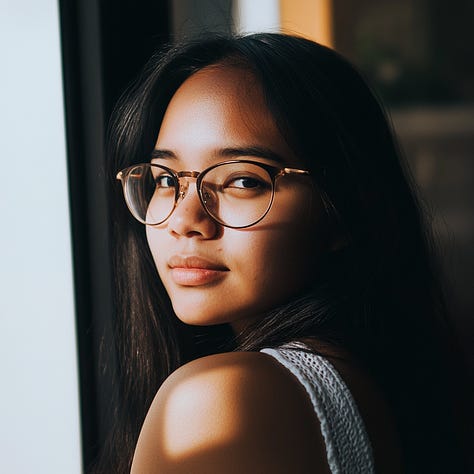 Photos of a woman at close-up, medium, and wide shot range in Midjourney