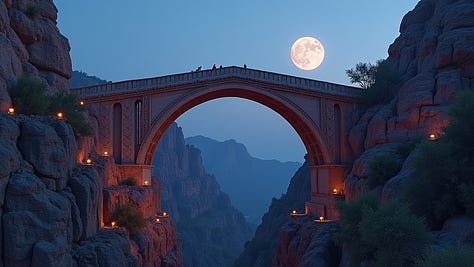 An ancient, ornate bridge spans a canyon. The bridge has intricate carvings and arches, and stands out against the rocky background, twilight sky with soft moonlight