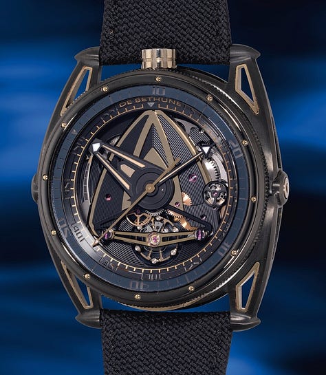 a Cartier Lantern Clock, A Breguet 3357 on bracelet, a Romain Gauthier HM, a De Bethune DB28GS JPS, a Krayon Anywhere, an H. Moser & Cie. Minute Repeater, an Urwerk WR-220 Miami Vibe, a BVLGARI Octo Finnissimo Minute Repeater, and an MB&F x H. Moser LM101 Red