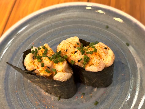 Left to right, top to bottom: Maketto Fried Chicken, TNT Conchas Gunkan, Ganyaki Bombastic, Cangri Maki half roll, and Aisu Kurimu soft-serve