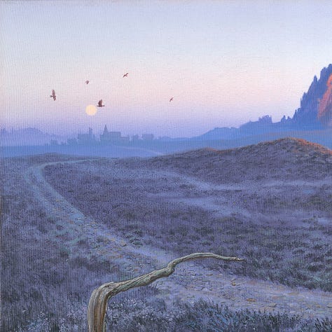 LEFT: Detail of OUTSIDE ELURIA featuring Roland standing on a low, desiccated branch to get a better view of the road ahead. Sunset casts lavender shadows on the tall butte that runs behind him. CENTER: Close detail from OUTSIDE ELURIA featuring the curling, desiccated tree that barely climbs off the ground. The skull of a horned herd animal lies among the cracked branches lying in the scrub. RIGHT: Detail from OUTSIDE ELURIA featuring the town squatting on the horizon with a full moon hanging overhead and birds circling ominously in silhouette.