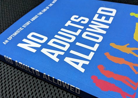 Three images demonstrating a misaligned spine on the cover of No Adults Allowed.