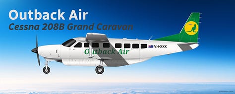 The current Outback Air fleet: 1) Aria V42qc Quick Change Combi, 2) Bombardier DHC-8 Q400QCC Combi, 3) Bombardier DHC-8 Q200, 4) Cessna 208B Grand Caravan, 5) Daher Kodiak 900, and 6) de Havilland Canada DHC-6-300 Twin Otter - all shown in side view.