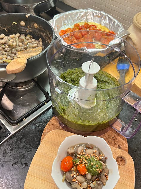 Ingredients for pesto, then pictured pesto with beans
