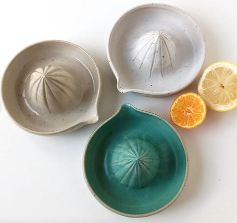 Three images showing citrus-themed gifts available from online shop Etsy. First, a handheld electric iron with a drink and branded orange peel. Second image is of 12 US postage stamps valued at 2cents, and thirdly three coned, stoneware citrus presss coloured taupe, green and white.