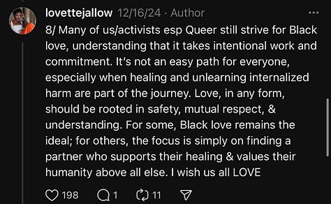 A visual thread by Lovette Jallow exploring why many Black activists, including Nikki Giovanni, have chosen non-Black partners for emotional survival. The thread discusses the unseen burdens of activism, internal community harm, Nikki Giovanni’s conversation with James Baldwin, and the ongoing pursuit of Black love rooted in healing. The final image honors Nikki Giovanni and her partner, celebrating survival, love, and resistance.