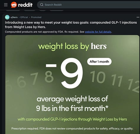 A selection of weight loss ads from Reddit, YouTube, and Instagram.