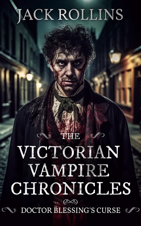 Cover art for Jack Rollins' books includes: the Victorian Vampire Chronicles stories: Tender Morsels - a vampire with a bloody mouth, Doctor Blessing's Curse - an indistinct creature with humanoid features, Doctor Blessing's Rapture, a handsome face with golden eyes, A Christmas Blessing - a veiny human face with skeletal features, and the covers for Jack's non vampire books: The Seance - a skull, candle, and dagger, Tread Gently Amidst the Barrows - a shaft of light in a cavern illuminates a monstrous troll creature, Dead Shore - a zombie emerging from the sea, Hard Man - a blood-splattered brick alley with a hooded figure standing under a streetlamp, Scattered Ashes - a cracked skull emerging from rolling clouds of ashes