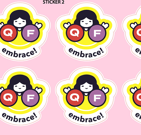 Cute, simple graphic design images for Qing Fibre's 'Embrace' advent calendar. The logos show a happy girl with arms outstretched for a hug, and 2 people hugging each other tight! They are very cartoonish, friendly images.