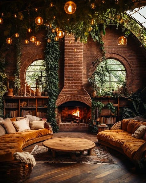 A whimsical wedding dinner set up under a canopy of trees. A loungeroom AI generated image with a center fireplace, mustard velvet couches and round windows. A photo of a china teacup with coffee pouring in